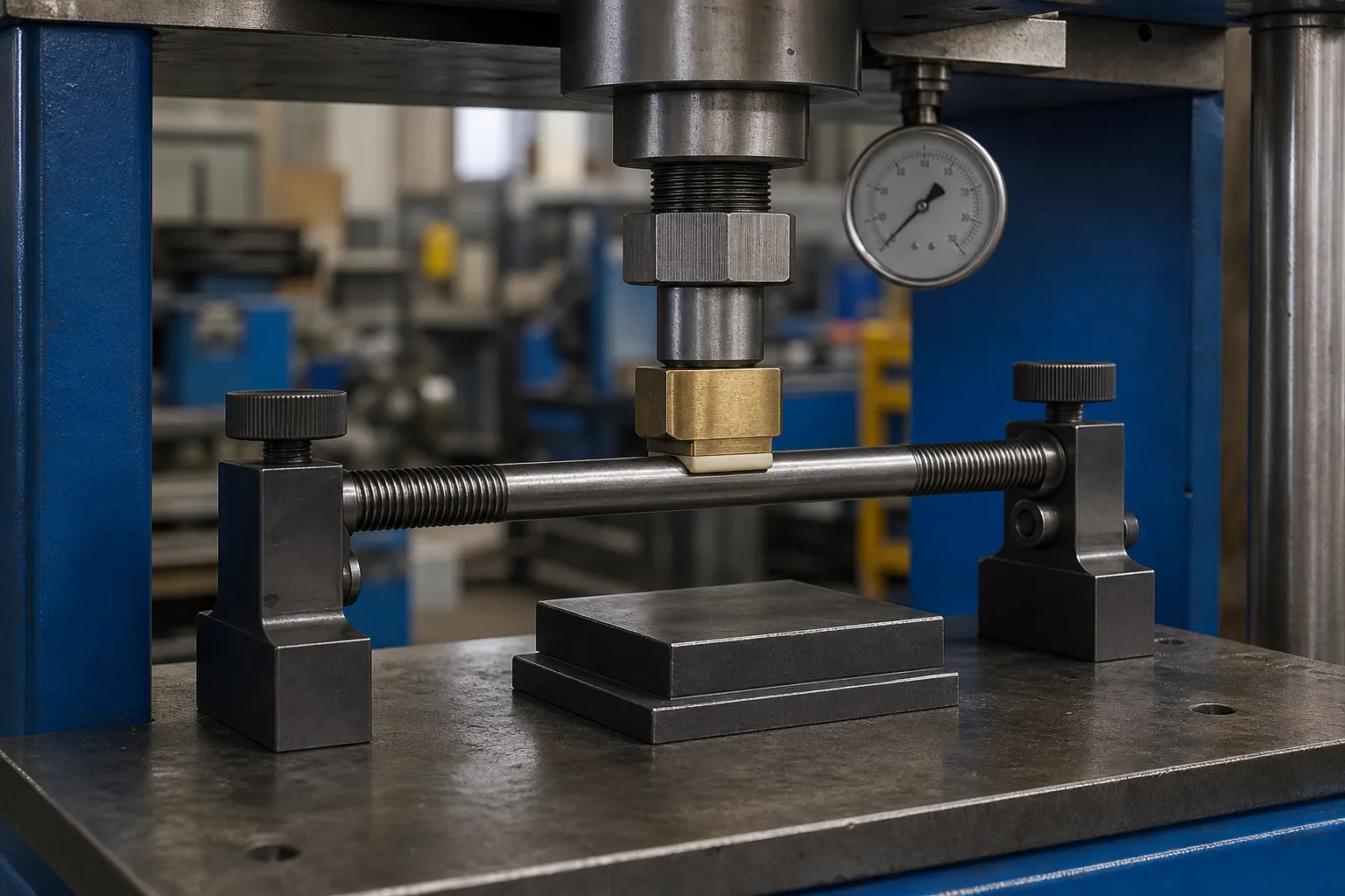 Double-End Stud Straightening Solution Precision press correcting a double end stud on its plain body with threads protected