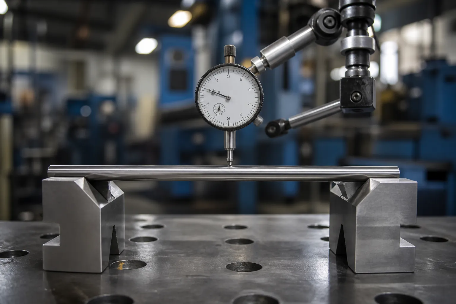 Dowel Pin Straightening Solution Long slender hardened dowel pin supported on two V-blocks on a surface plate with a dial indicator tip touching its cylindrical surface