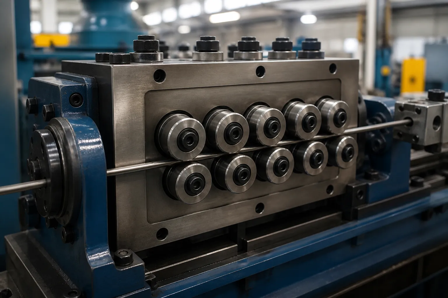 Dowel Pin Straightening Solution Rotary-straightening machine with small angled rolls correcting a long thin steel pin fed through the roll box
