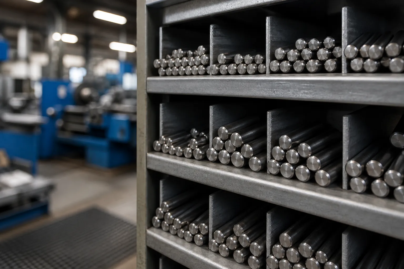 Dowel Pin Straightening Solution Close-up of hardened steel dowel pins stacked in compartments of a parts cabinet in a precision tool room, brushed metal texture