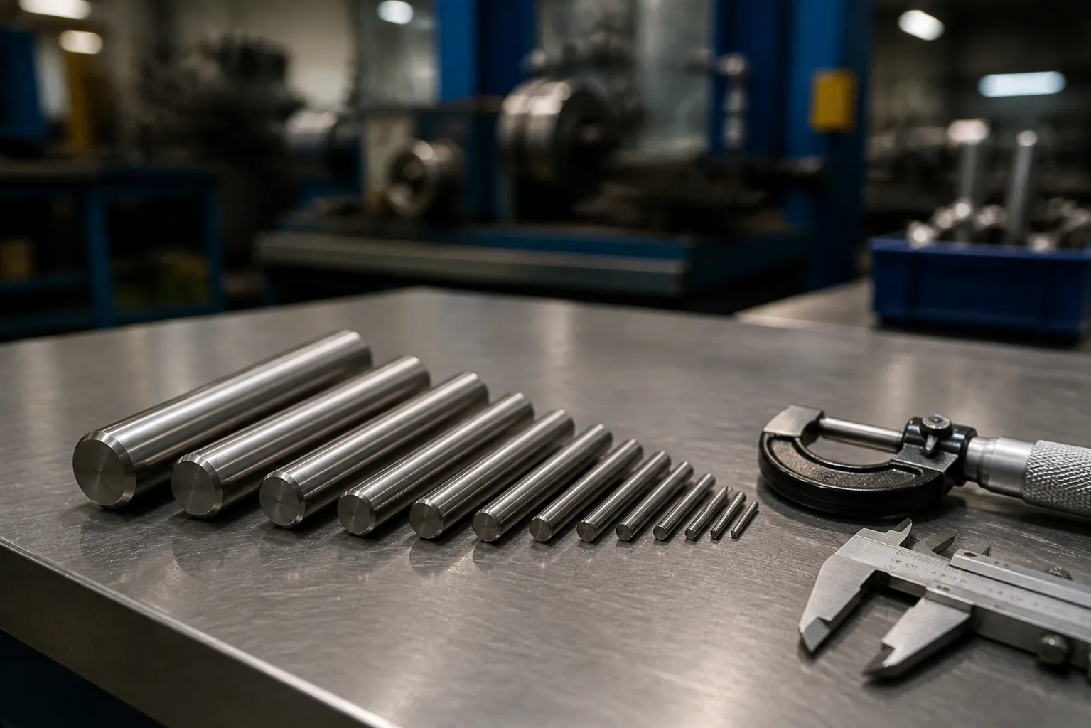 Dowel Pin Straightening Solution Precision ground steel dowel pins of various diameters arranged in a row on a brushed steel workbench next to measuring gauges