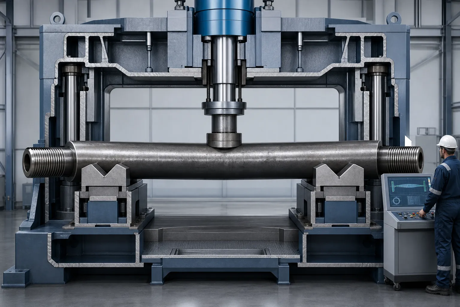 Rongoa Whakatika Kara Karawhakaahua ariā hangarau Drill collar straightening under a hydraulic press with heavy V-block supports, engineering concept illustration