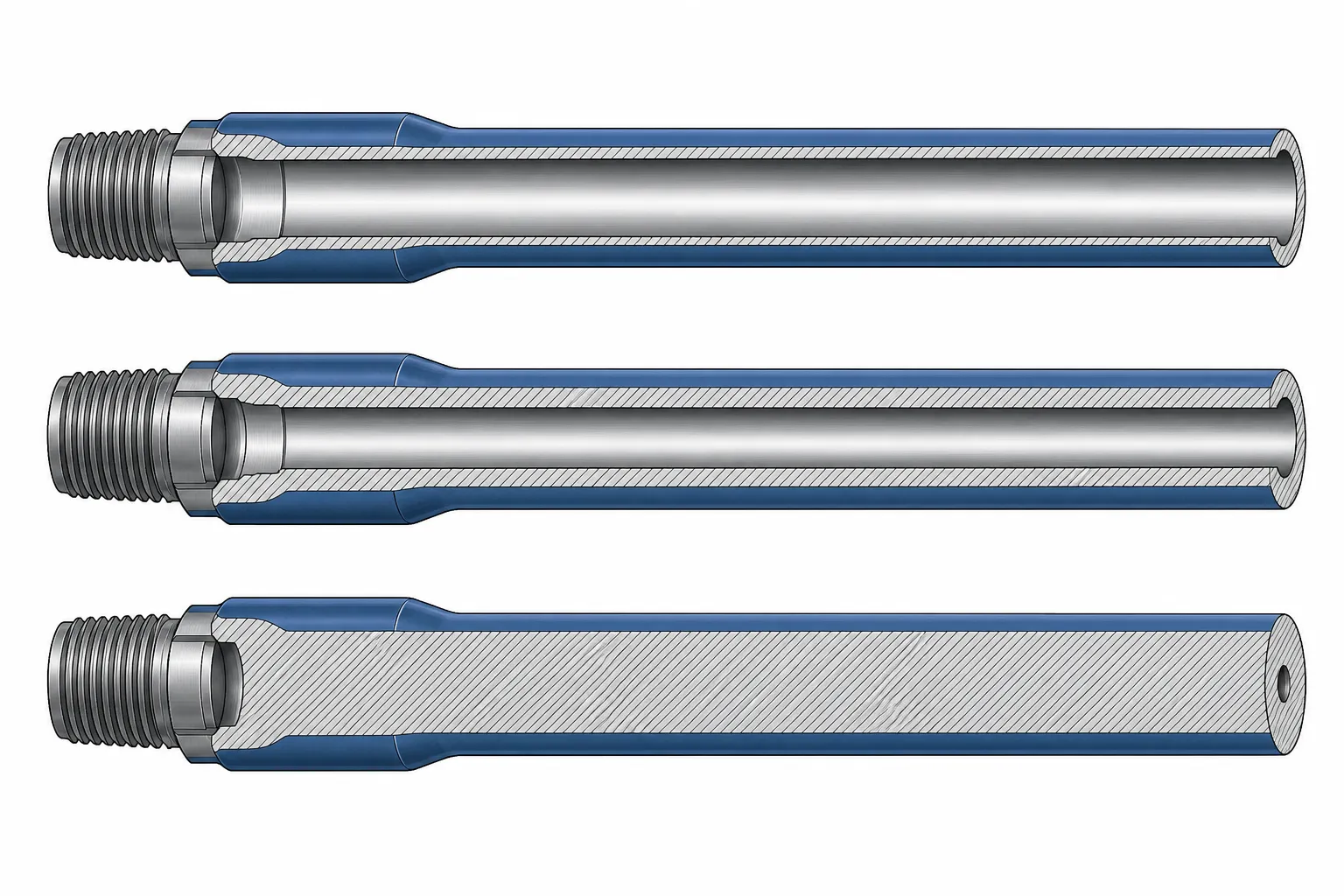 Rongoa Whakatika Kara Karawhakaahua ariā hangarau Cross-section comparison of drill pipe, heavy weight drill pipe and drill collar wall thickness, engineering concept illustration