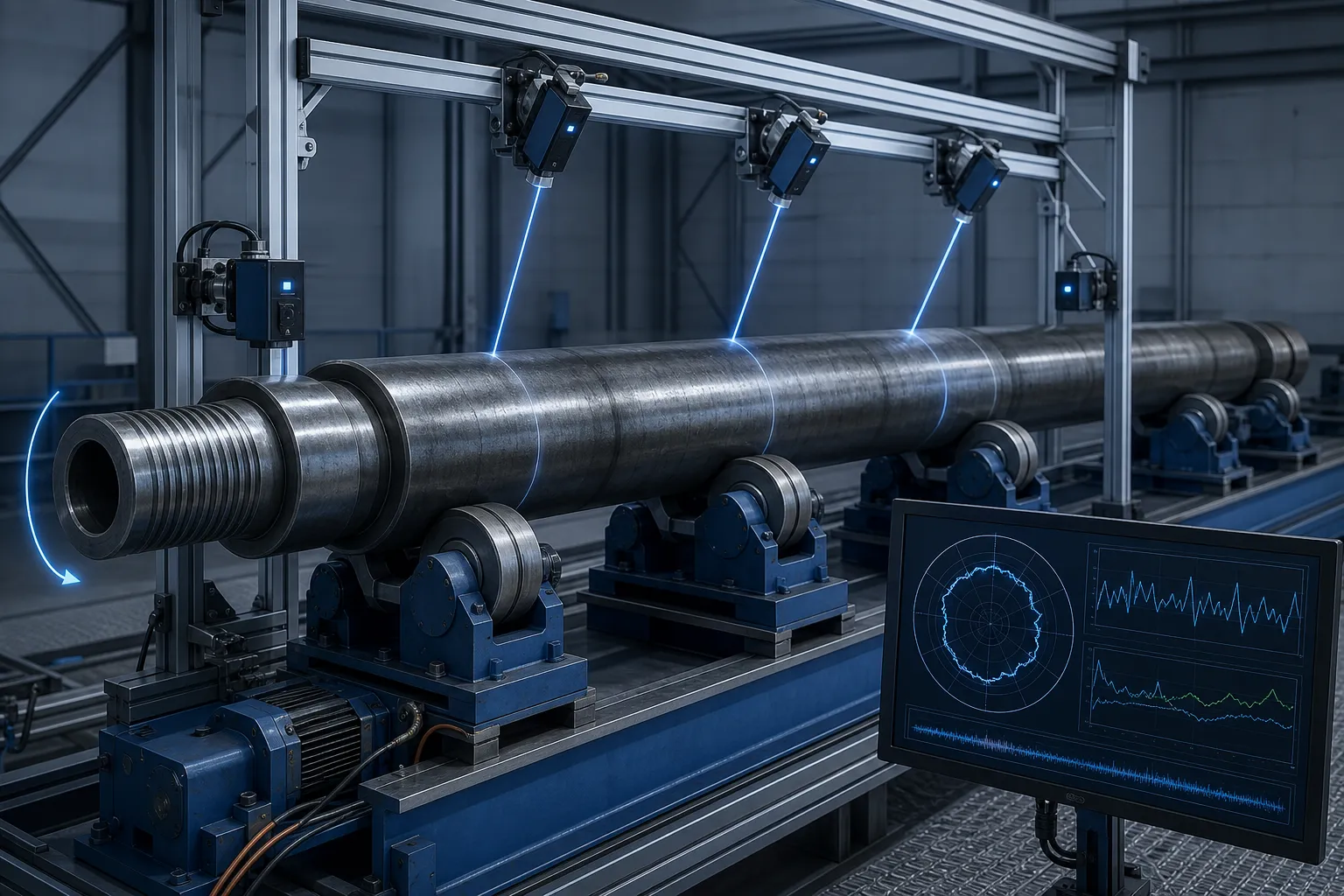 Rongoa Whakatika Kara Karawhakaahua ariā hangarau Rotating runout measurement of a long drill collar on roller supports with multipoint sensors, engineering concept illustration