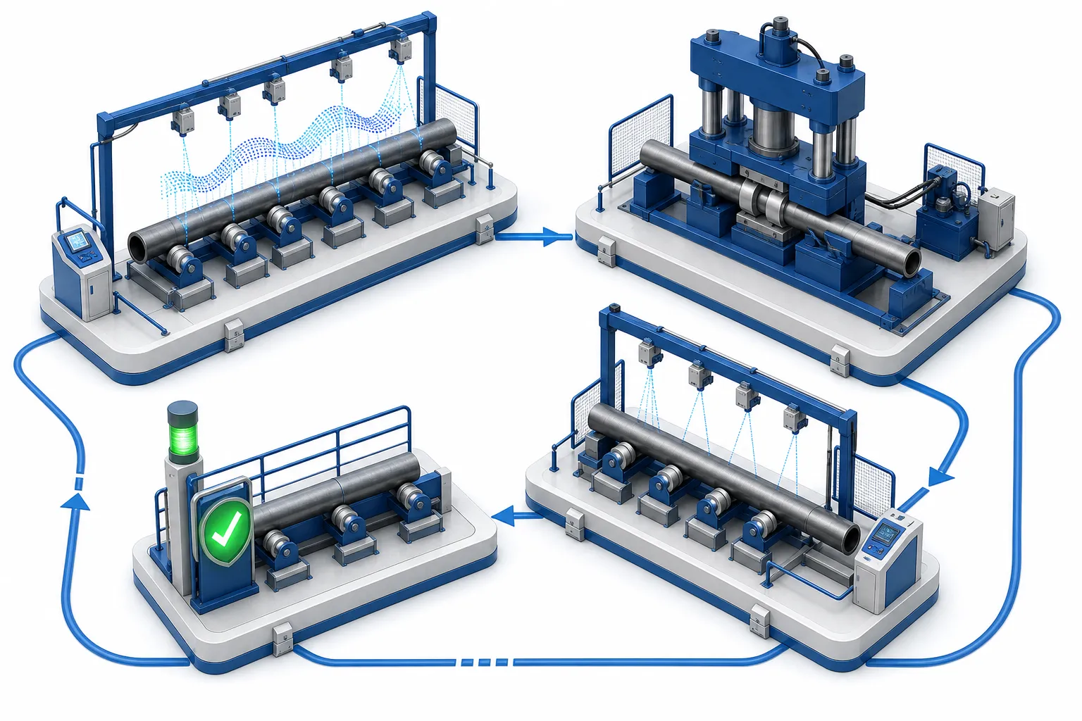 Rongoa Whakatika Kara Karawhakaahua ariā hangarau Closed-loop straightening workflow for drill collars from bend map to verified acceptance, engineering concept illustration