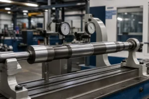 Precision measurement of a long steel shaft on a measuring machine with dial indicators and support centers