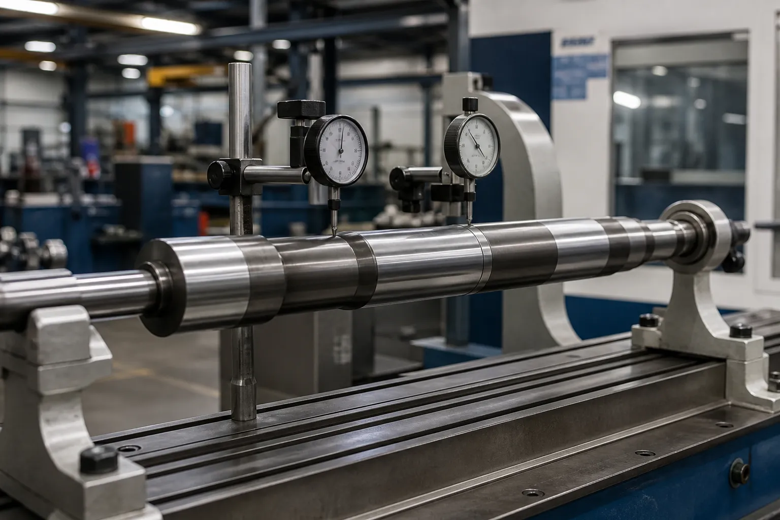 GD&T Straightness: From Drawing Callout to Acceptance Precision measurement of a long steel shaft on a measuring machine with dial indicators and support centers in a metrology area
