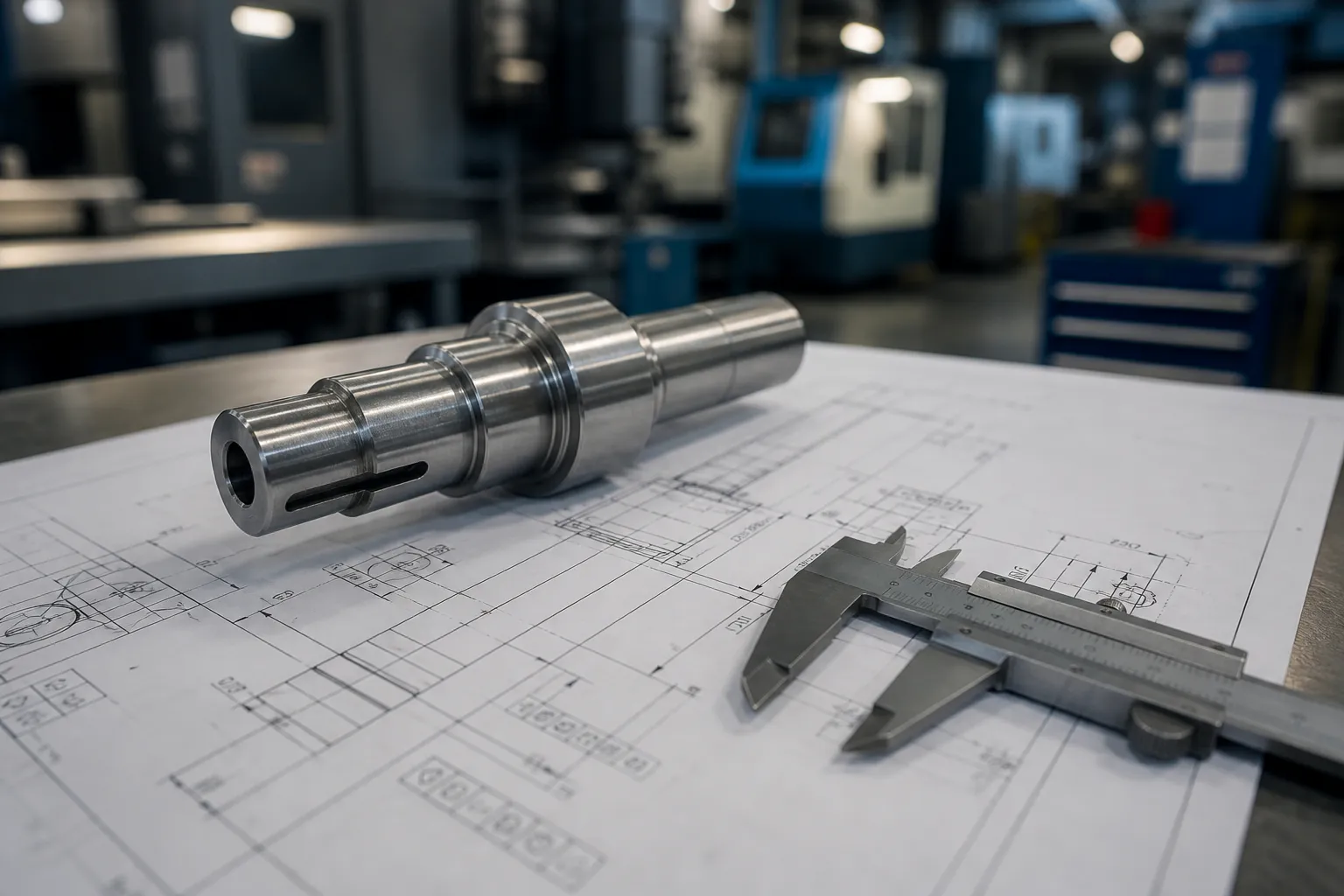 GD&T Straightness: From Drawing Callout to Acceptance Technical engineering drawing with geometric tolerance feature control frames, caliper and shaft part on the drafting table