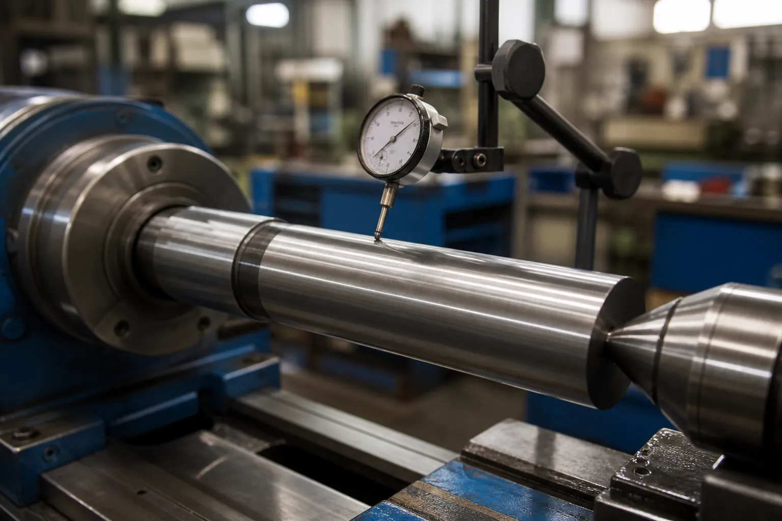 GD&T Straightness: From Drawing Callout to Acceptance Shaft rotating between centers with dial indicator tip contacting the polished cylindrical surface during straightness inspection