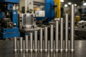 Thin-walled steel ejector sleeves in graduated sizes displayed on a mold component inspection bench