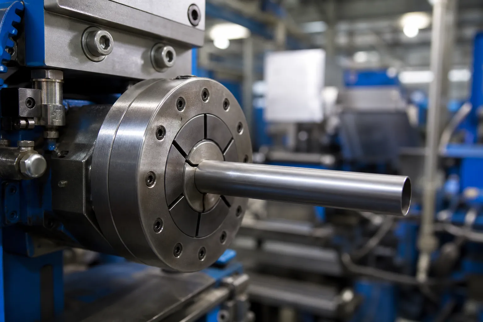 Ejector Sleeve Straightening Solution Soft-lined collet tooling gently gripping the end of a thin-walled steel tube during a straightening operation