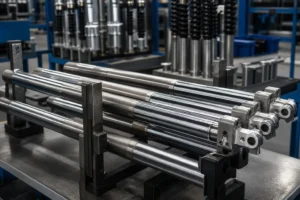 Chromed motorcycle front fork tubes on a manufacturing inspection bench