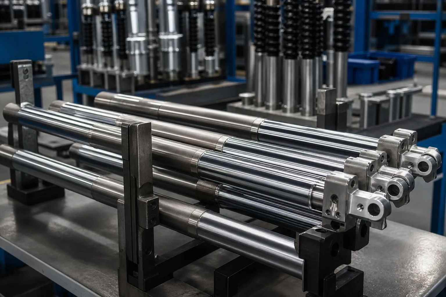 前叉管矯正解決方案 Chromed motorcycle front fork tubes arranged on a manufacturing inspection bench