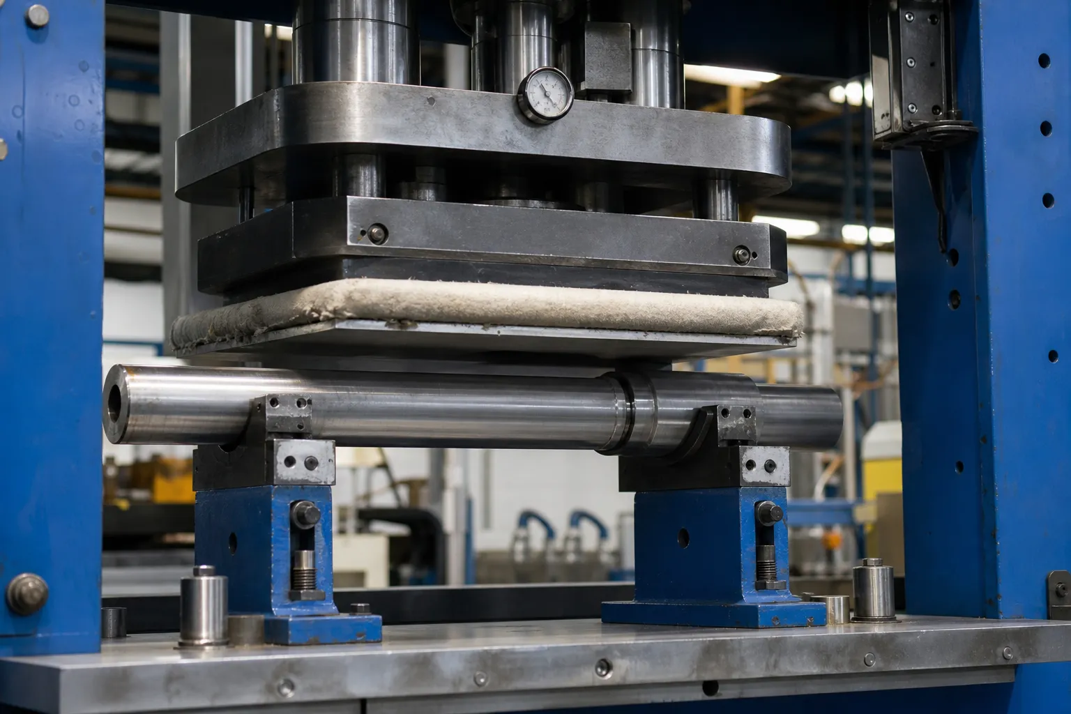 前叉管矯正解決方案 Precision press straightening a fork tube blank on adjustable supports before plating