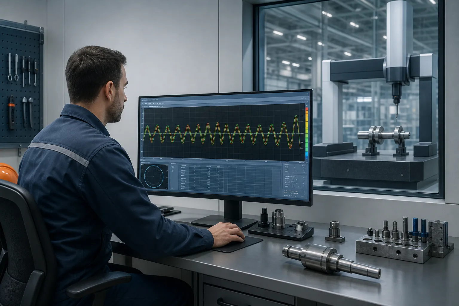 Engineer analyzing a full-length profile scan curve on a workstation screen