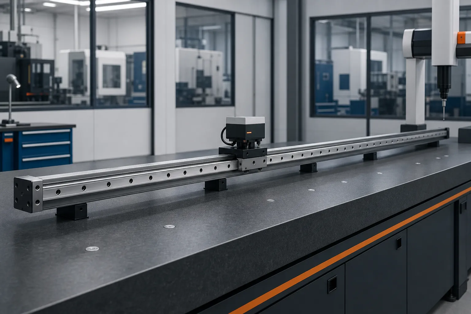 Long guide rail on a scanning measurement table with a traversing sensor