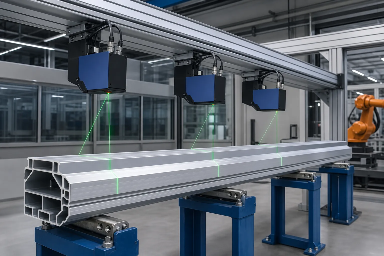 Laser displacement sensors traversing along a long profile on a scanning bench