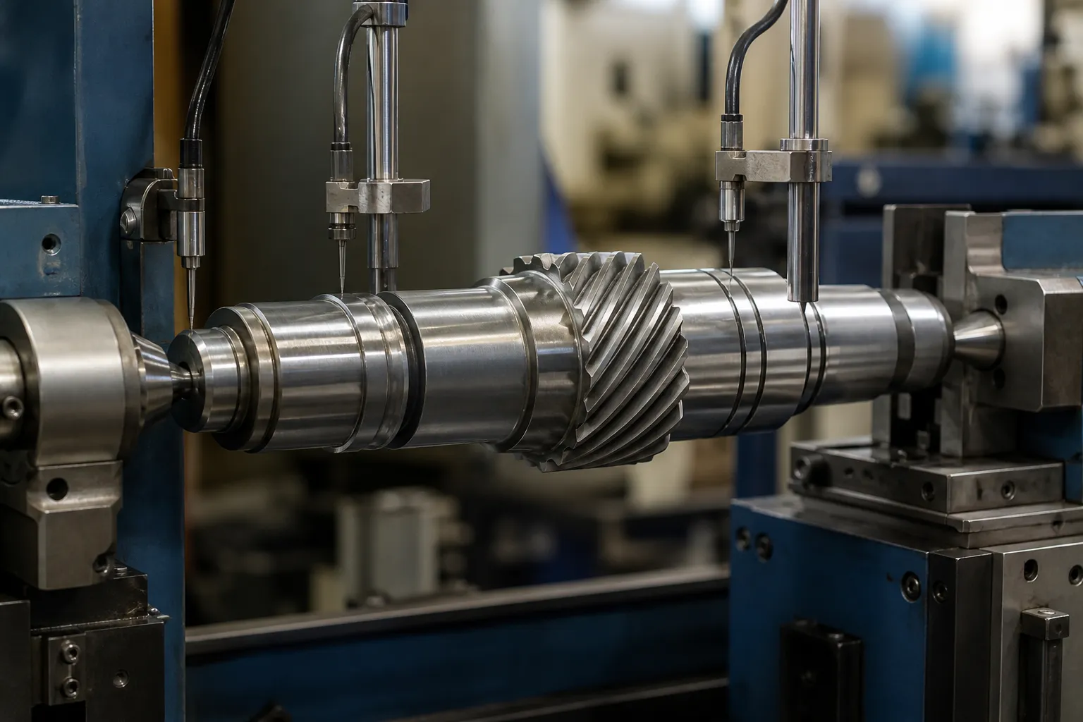 Helical gear shaft supported between centers in an automatic straightening machine with probes on the bearing journals