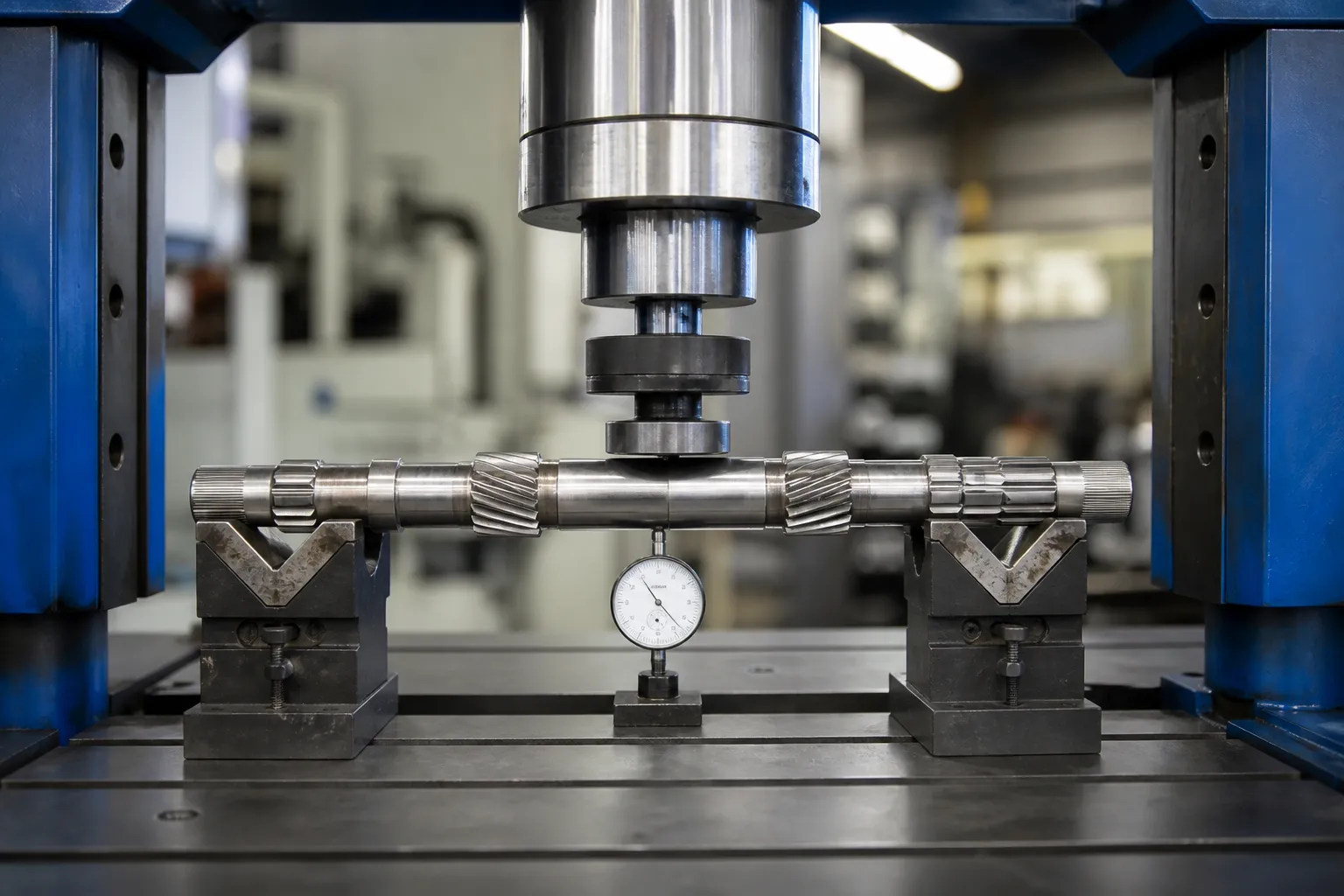 Hydraulic ram pressing the high point of a gear shaft across V-support blocks while a dial indicator monitors deflection