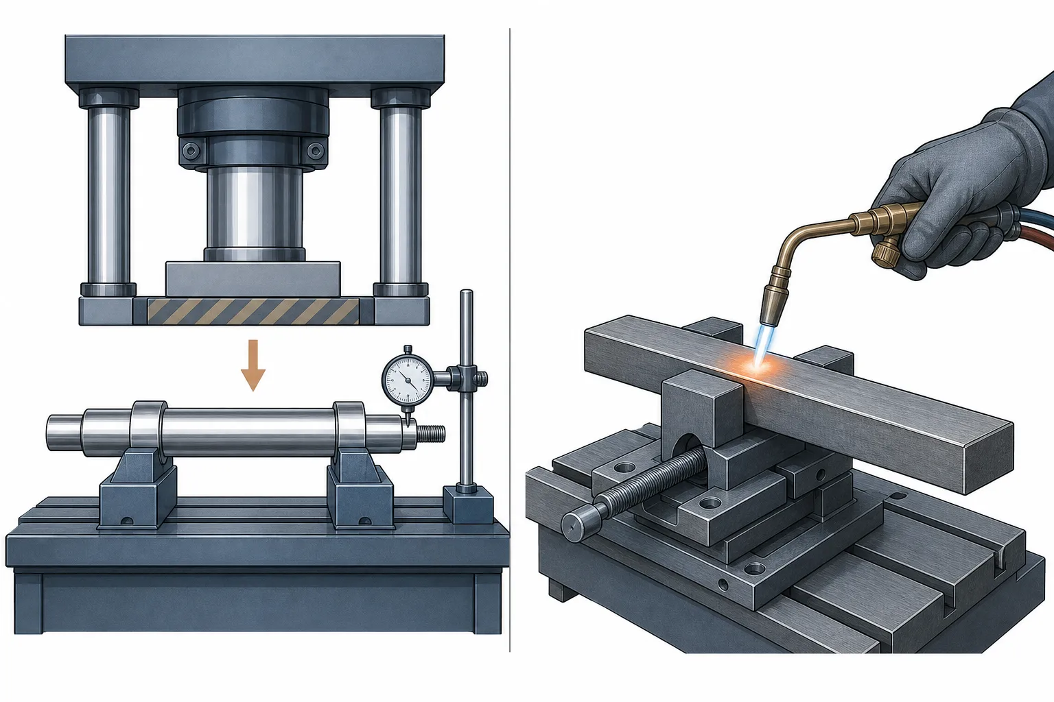 Cold press straightening compared with flame heat straightening on steel parts