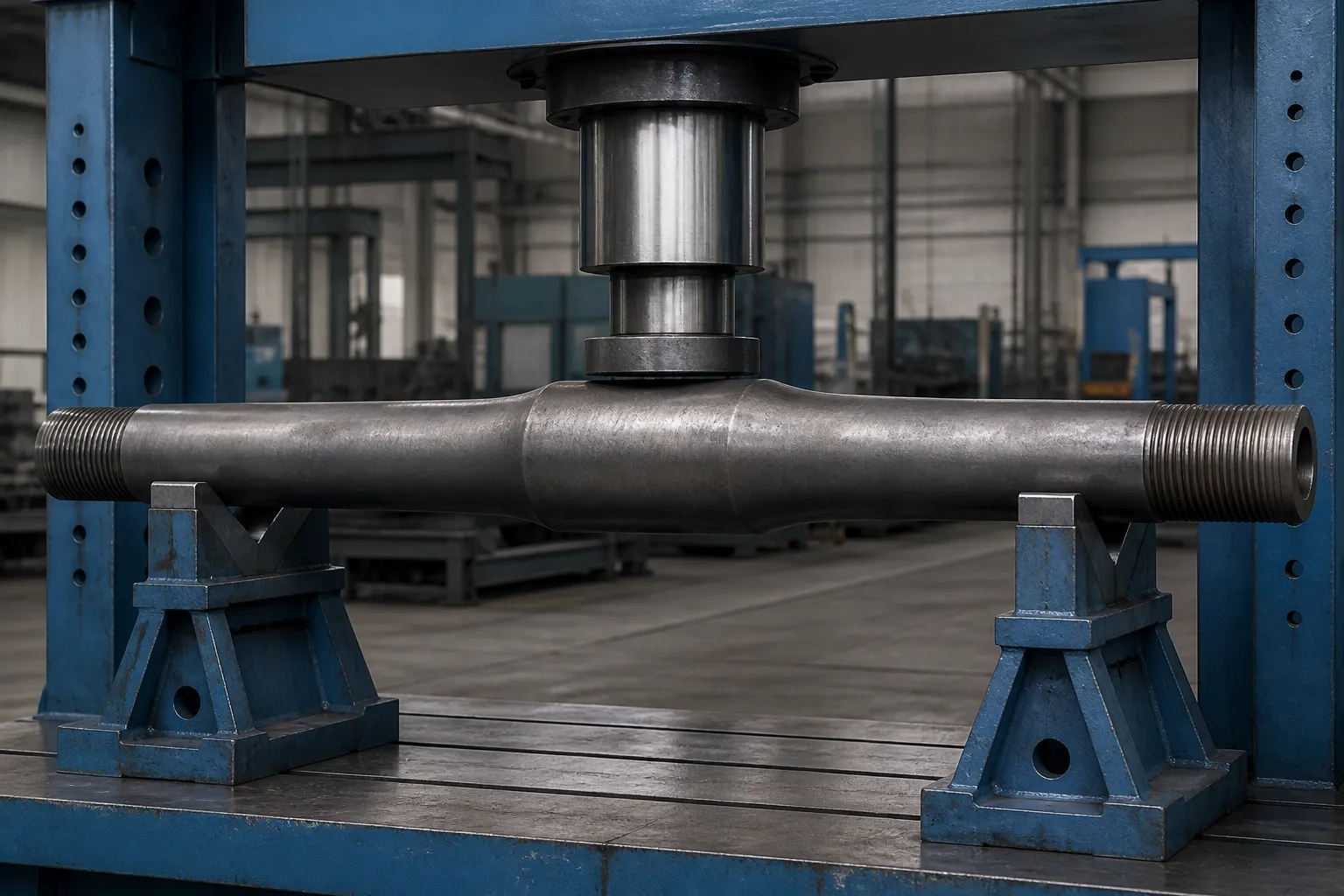 Heavy Weight Drill Pipe (HWDP) Tiesinimo sprendimasinžinerinės koncepcijos iliustracija Heavy weight drill pipe joint with center upset being straightened in a hydraulic press, engineering concept illustration