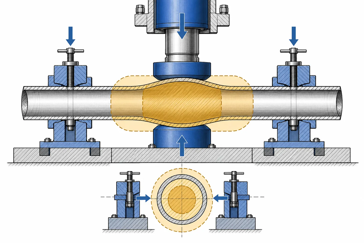 Heavy Weight Drill Pipe (HWDP) Tiesinimo sprendimasinžinerinės koncepcijos iliustracija Gag press straightening an HWDP joint with supports avoiding the center upset wear pad, engineering concept illustration