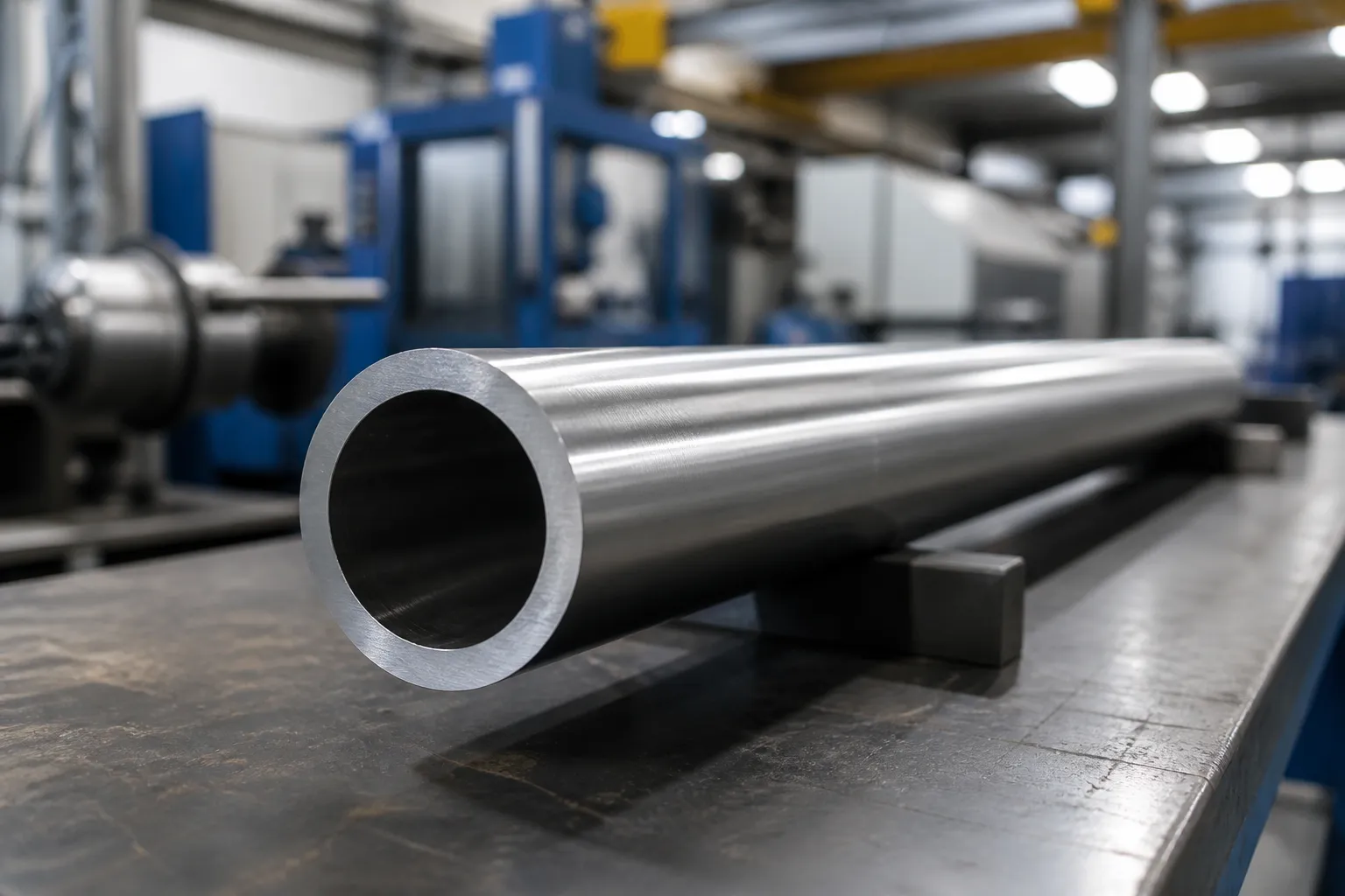 Thin-walled hollow shaft cross-section end showing uniform wall thickness, with full-length shaft lying on a workshop bench