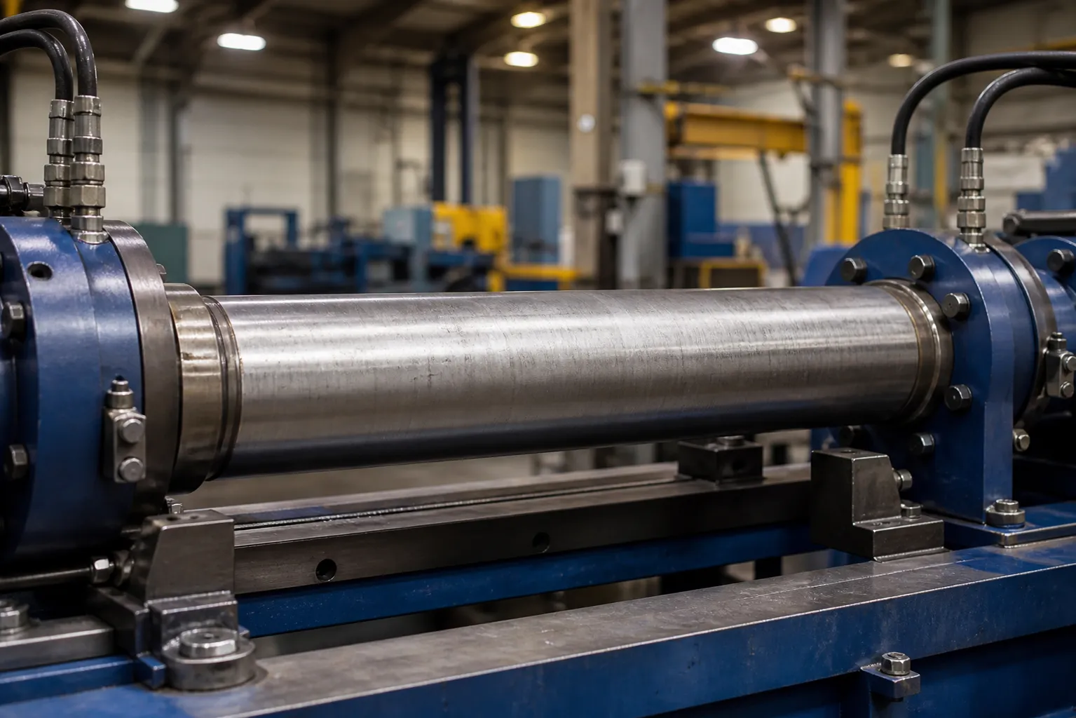 Internal pressure straightening setup with a hollow tube on a straightening machine, end seals and hydraulic pressure lines connected