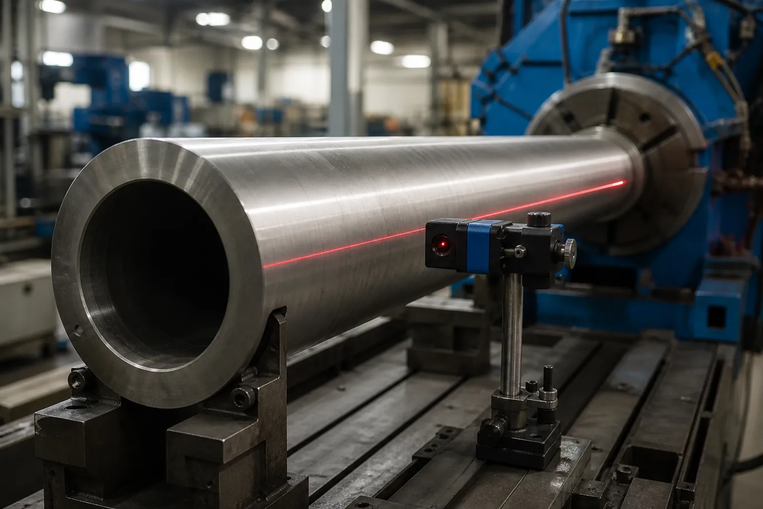 Operator measuring a long large hollow shaft with a laser alignment instrument along its length in a machine shop