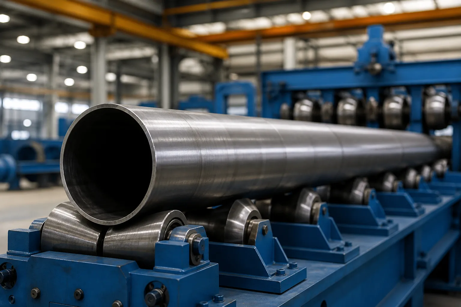 Hollow tubular steel shaft with large diameter and thin wall, lying on V-roller supports in a straightening machine