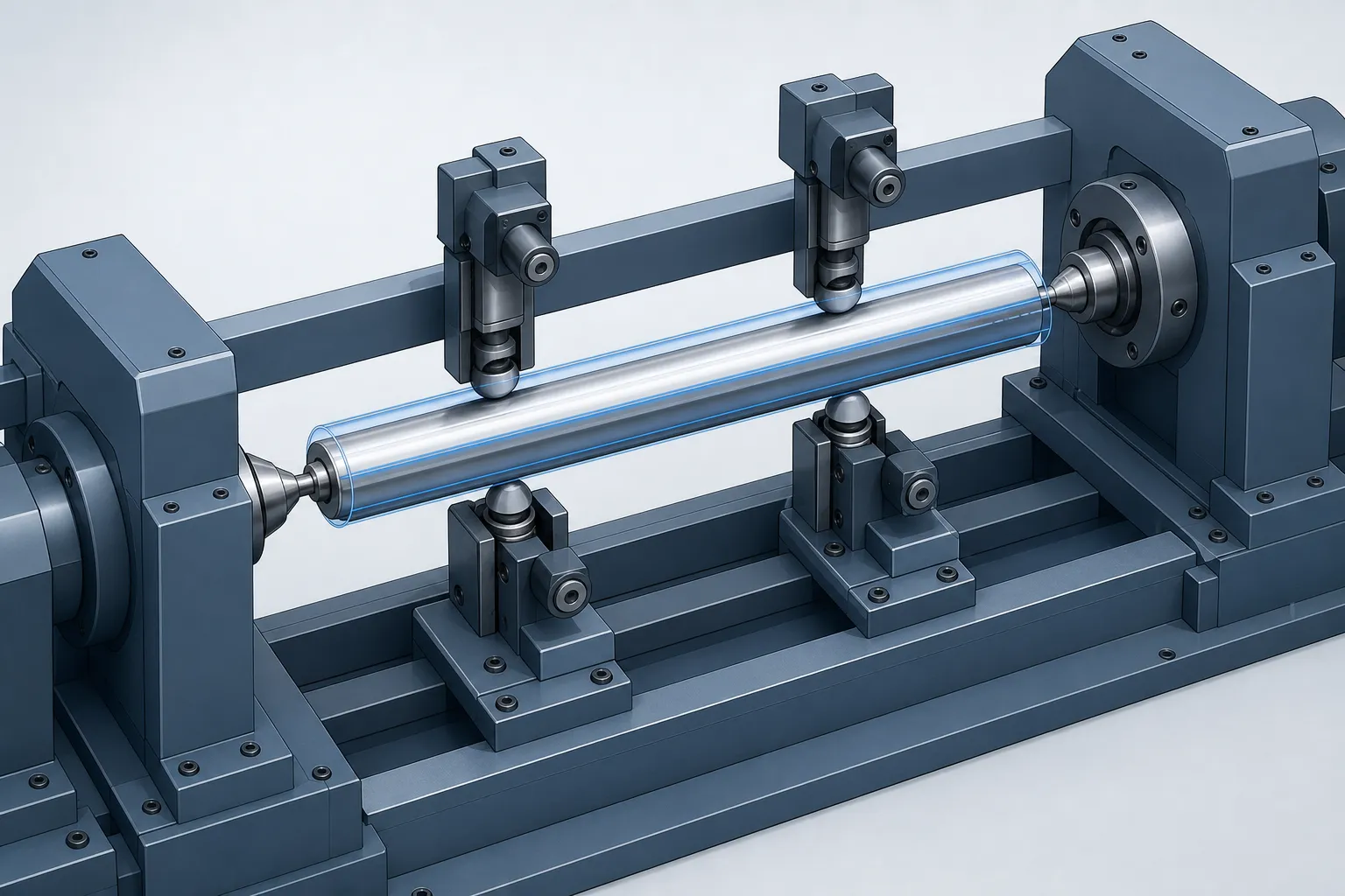 Long steel shaft under straightness inspection between centers in a straightening cell, engineering concept illustration