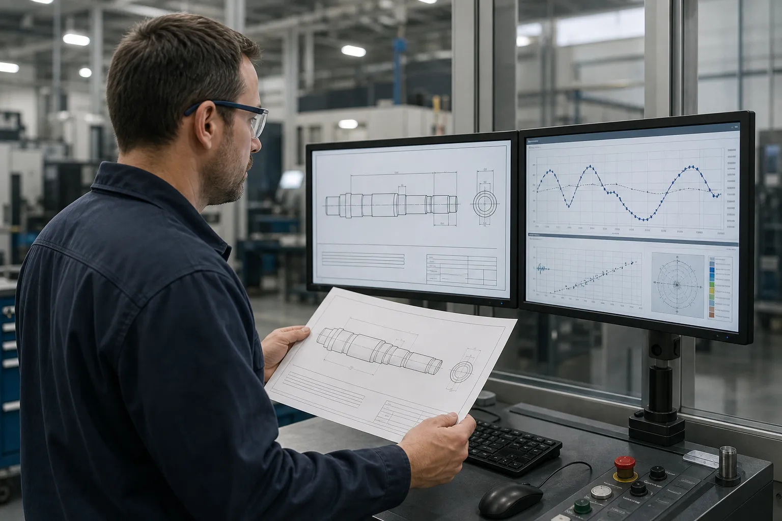 Engineer comparing a drawing general tolerance note with measured shaft data on a shop floor terminal, concept illustration