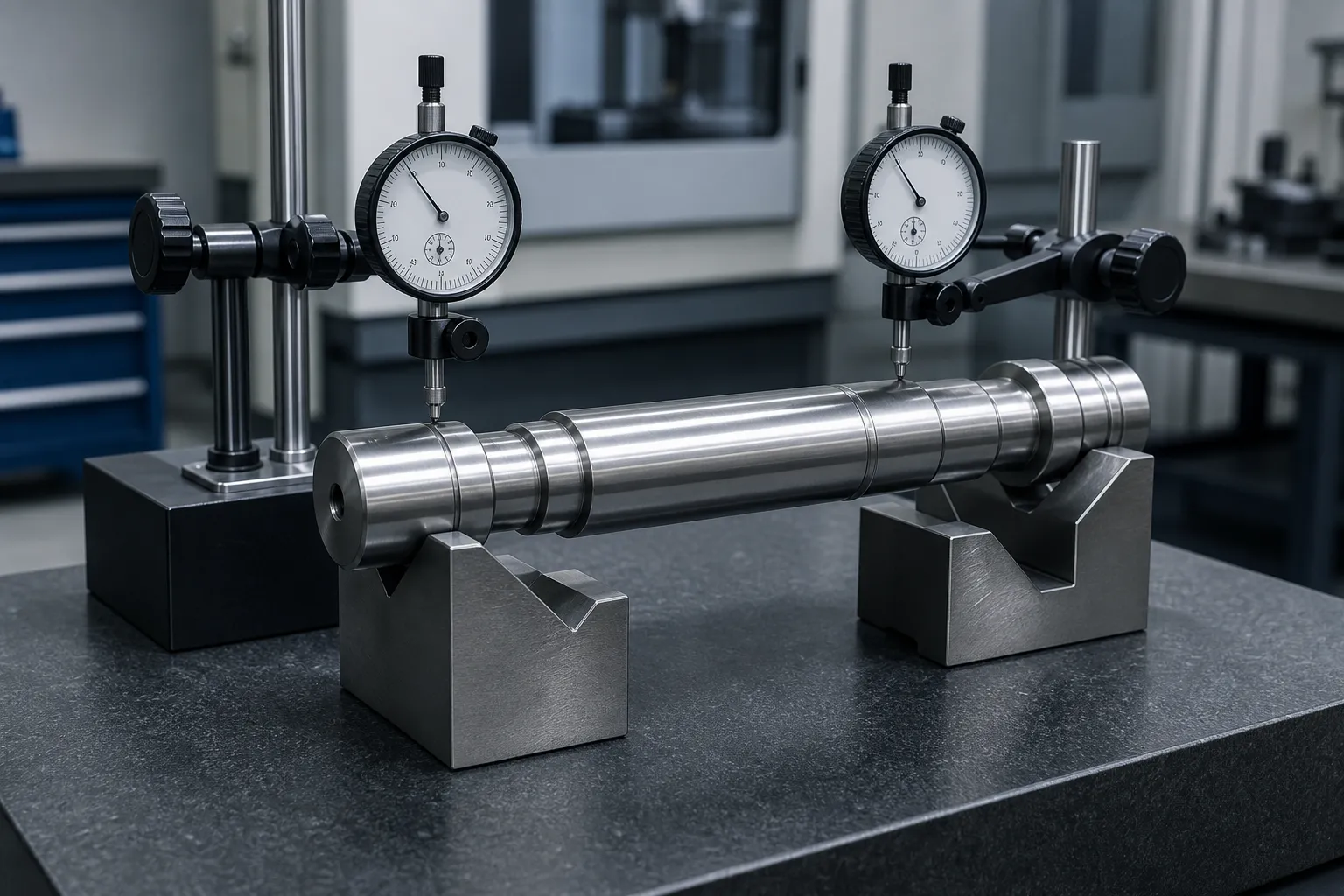 Dial indicators reading a rotating shaft on V-block supports for straightness verification, concept illustration