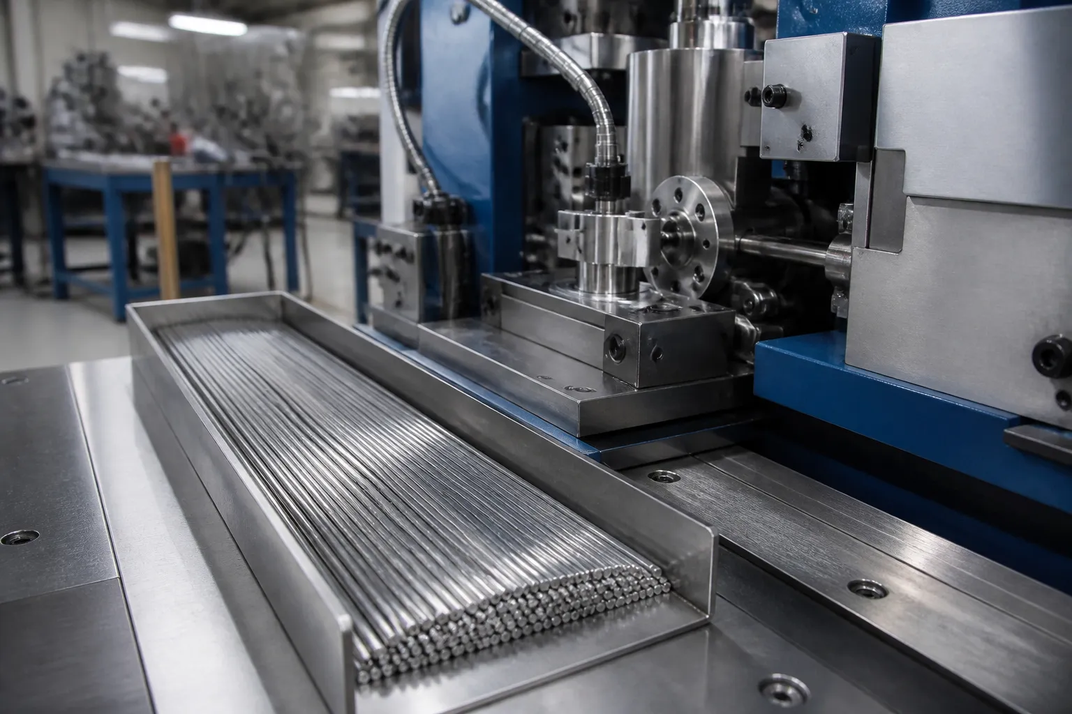 K-Wire (Orthopedic) Straightening Solution Long straight fine stainless steel wires bundled in a clean tray beside precision cutting equipment in a medical device workshop