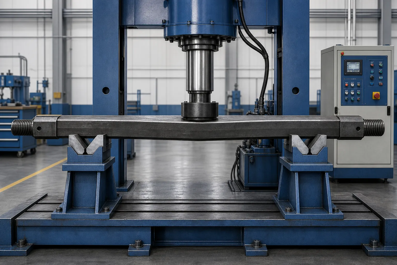 Oilfield square kelly drill rod straightening in a hydraulic press with V-block supports, engineering concept illustration