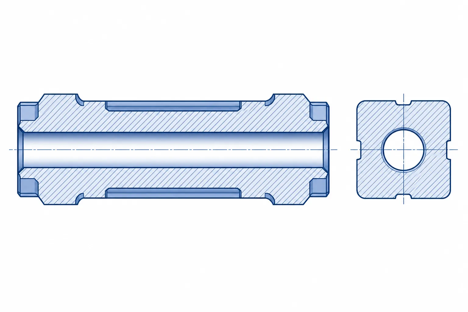 Square kelly cross-section with drive flats, corners and centered bore, engineering concept illustration