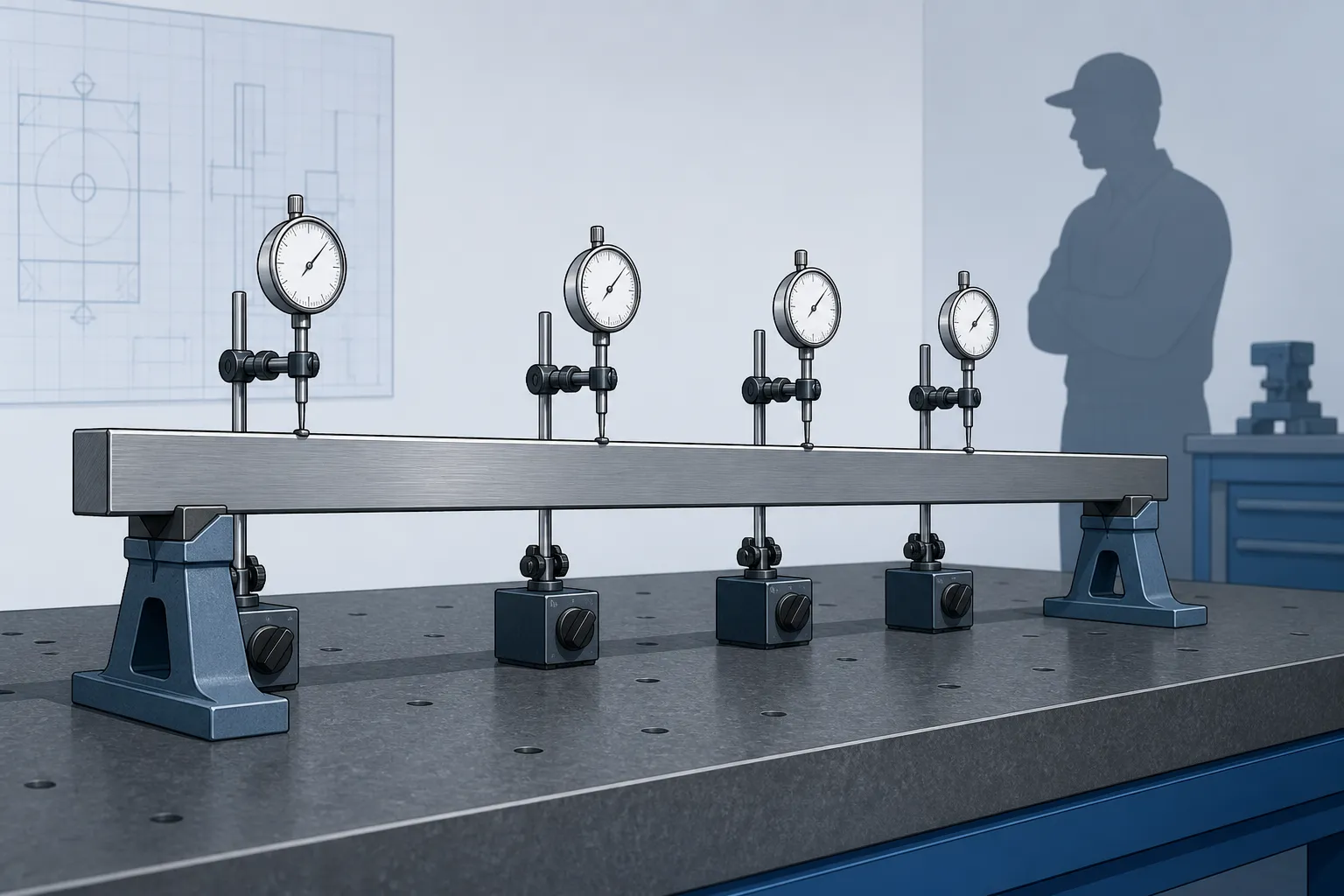 Measuring drive flat deviation on a long square kelly with dial indicators on stands, engineering concept illustration