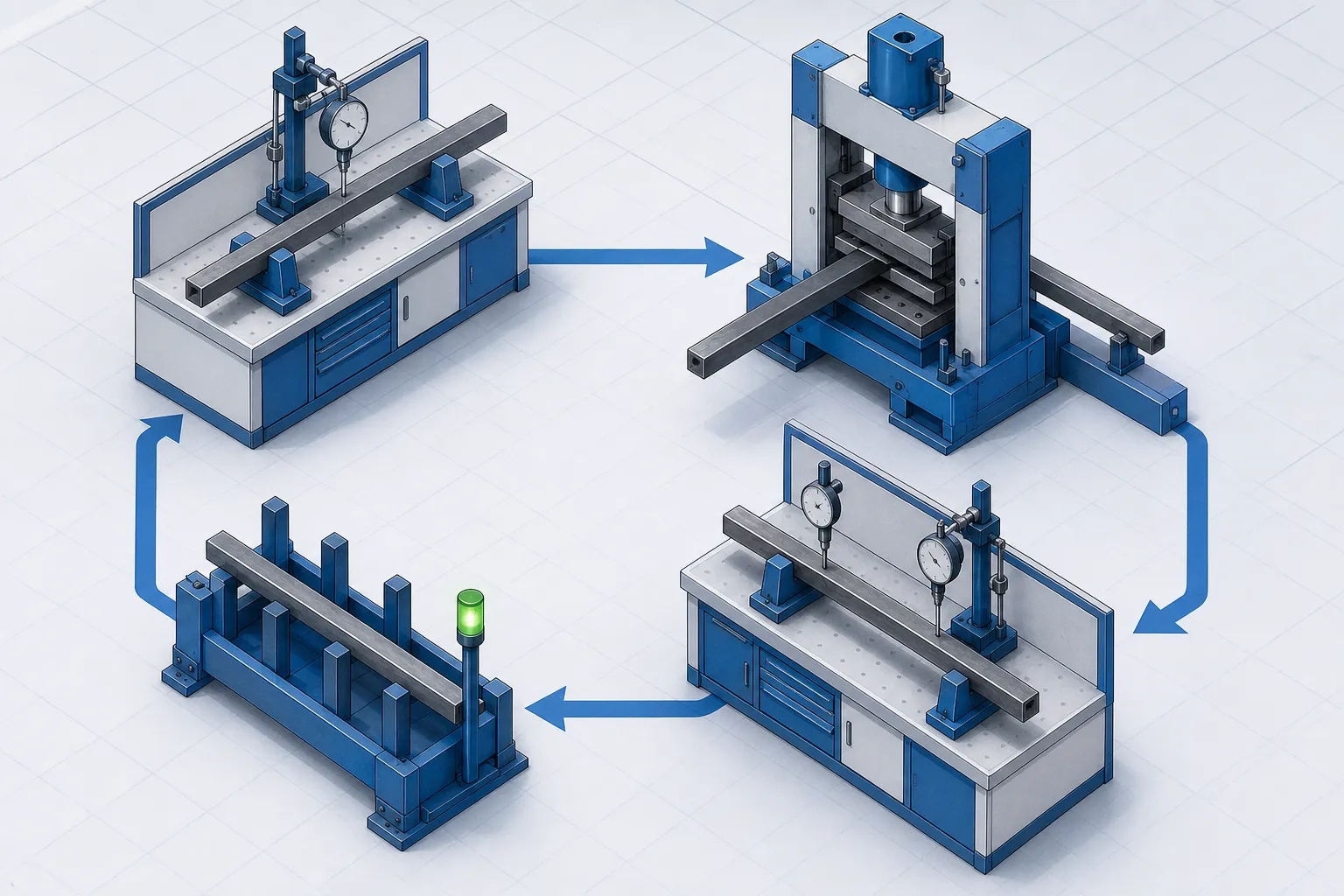 Kelly repair workflow from inspection through press straightening to verified runout check, engineering concept illustration