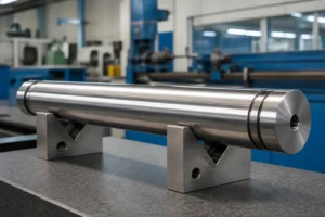 Hardened steel mold guide pillars on V-block supports in an inspection area of a tooling workshop