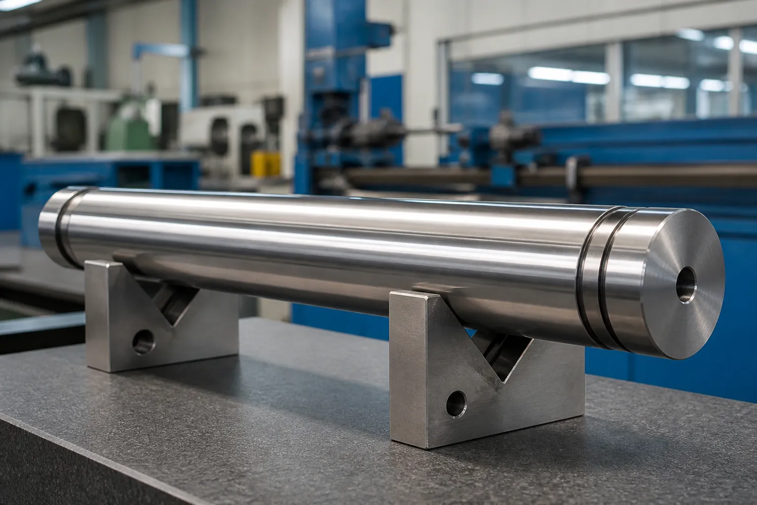 Mold Guide Pillar (Guide Post) Straightening Solution Hardened steel mold guide pillars on V-block supports in an inspection area of a tooling workshop