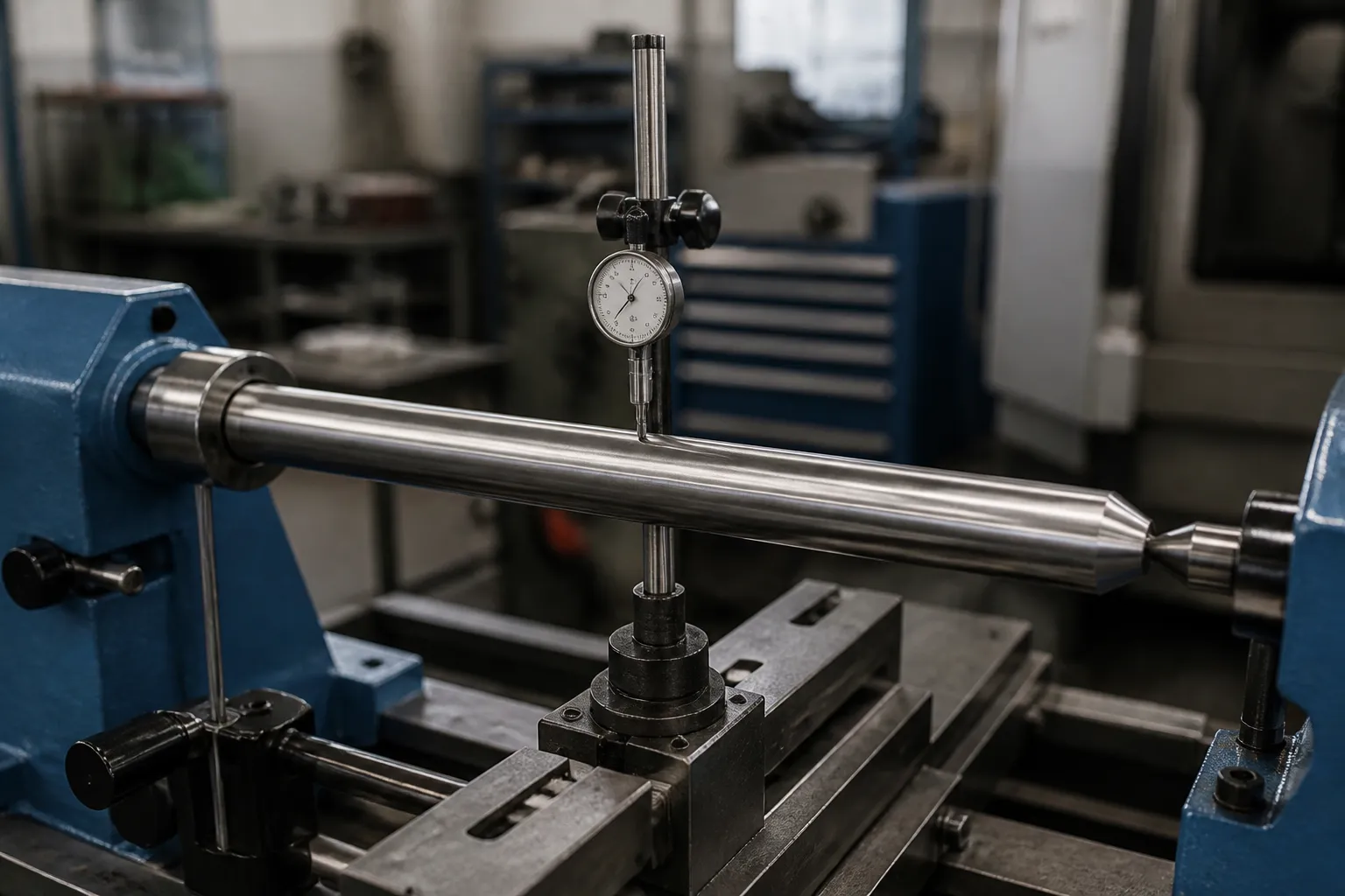 Mold Guide Pillar (Guide Post) Straightening Solution Guide pillar rotating between centers under a dial indicator to map runout along the ground working diameter