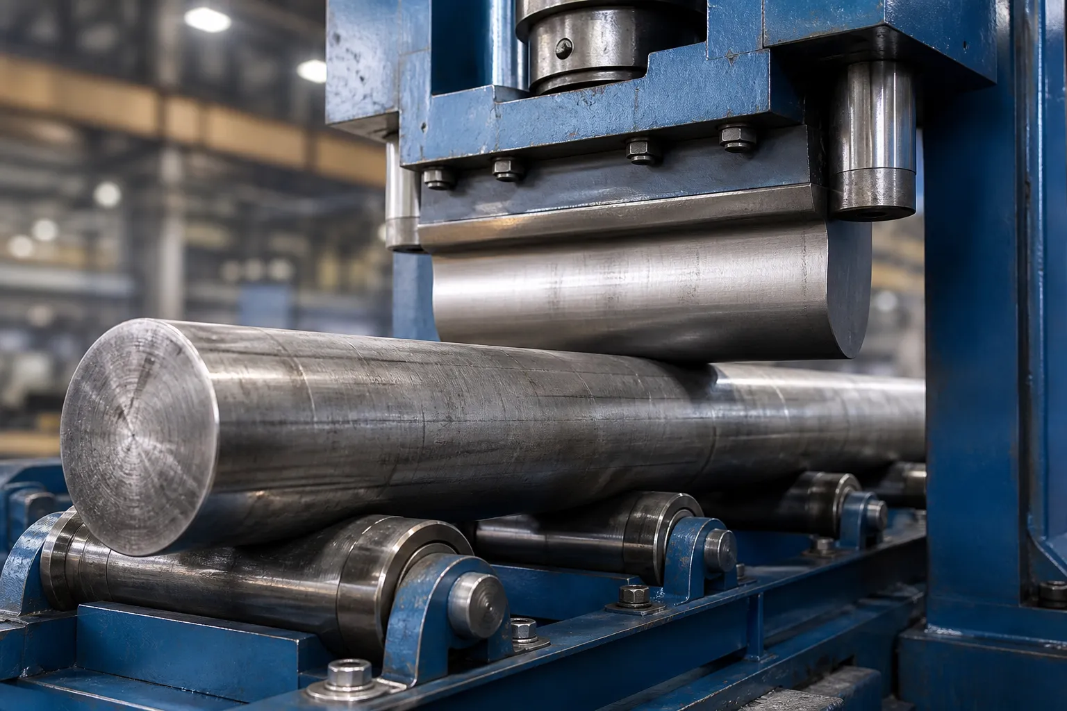 Mold Guide Pillar (Guide Post) Straightening Solution Hydraulic straightening press with broad radiused tooling correcting a long guide pillar supported on adjustable rollers