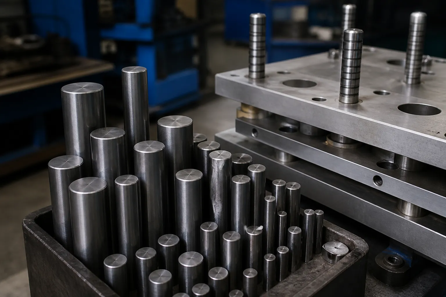 Mold Guide Pillar (Guide Post) Straightening Solution Guide pillars of several diameters in a steel tray beside a mold plate assembly on a maintenance bench