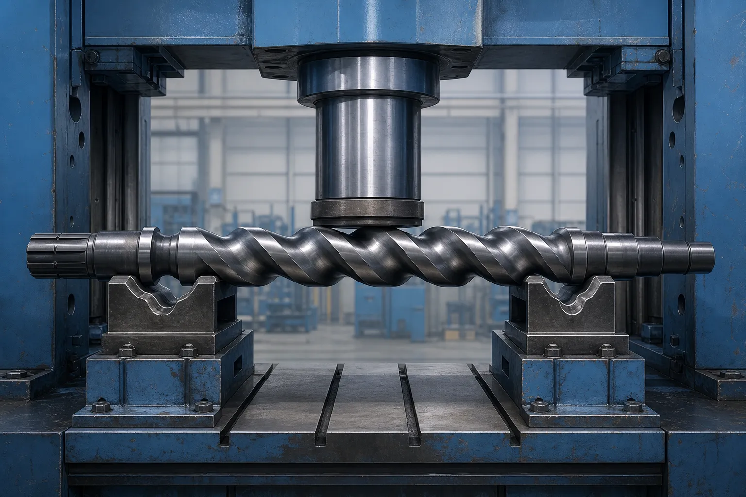Mud motor rotor with multi-lobe helical profile in a straightening press with profile-matched supports, engineering concept illustration