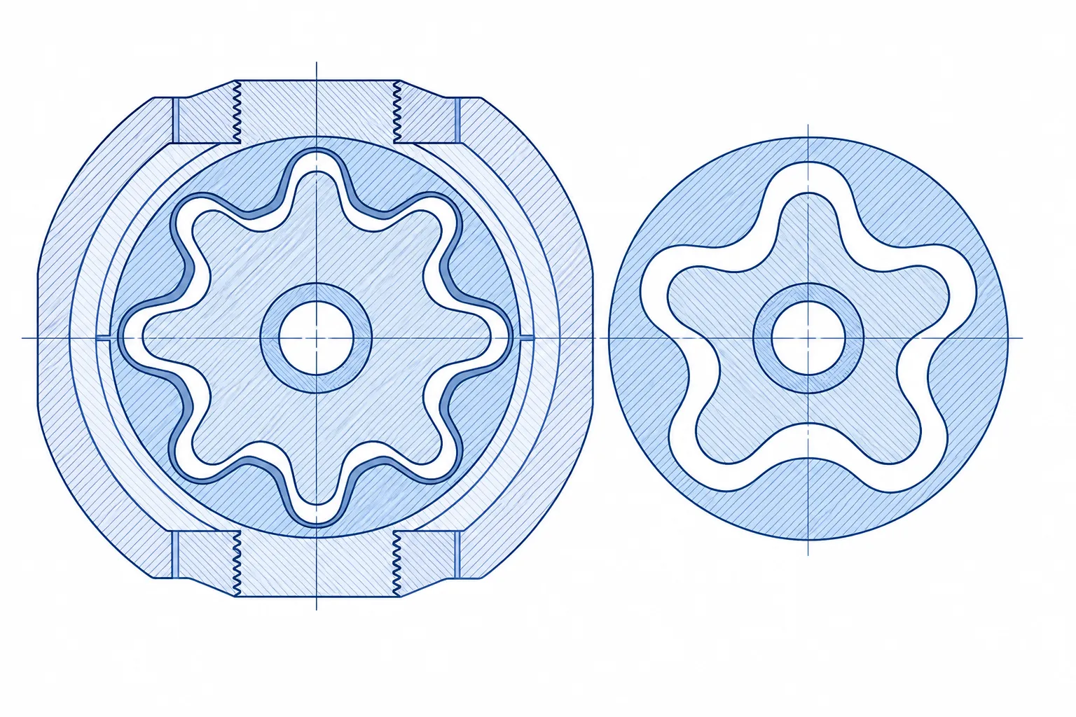 Multi-lobe rotor cross-section profiles meshing with stator cavities, engineering concept illustration