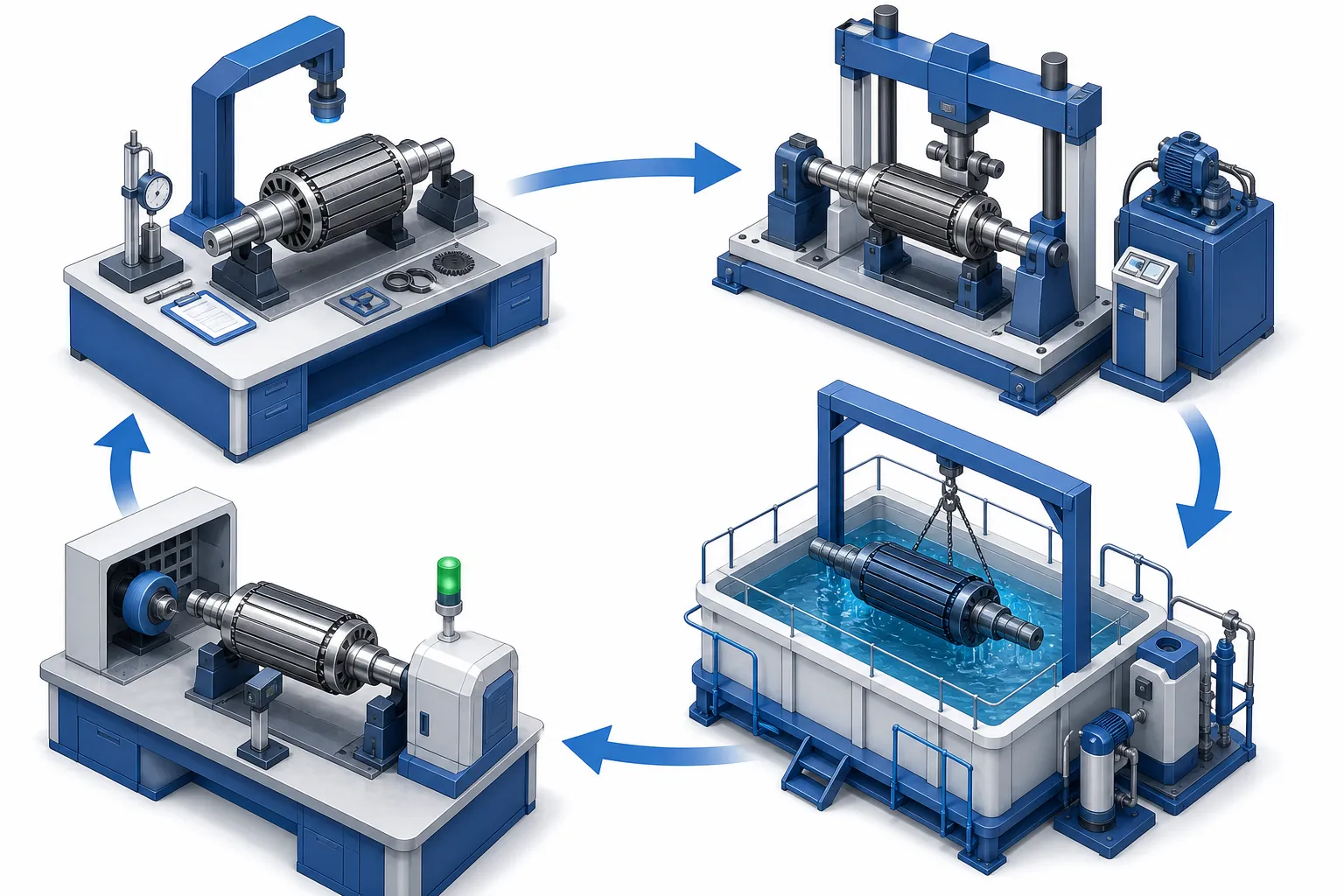 Rotor remanufacturing loop from inspection through straightening to recoating, engineering concept illustration