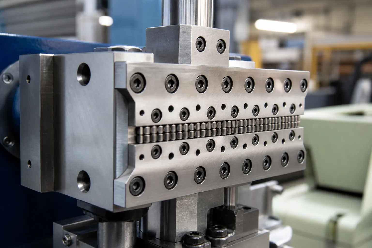 Needle Roller Straightening Solution Array of very small parallel hardened steel straightening rollers adjusted close together, sized for tiny needle rollers, inside a precision straightening head