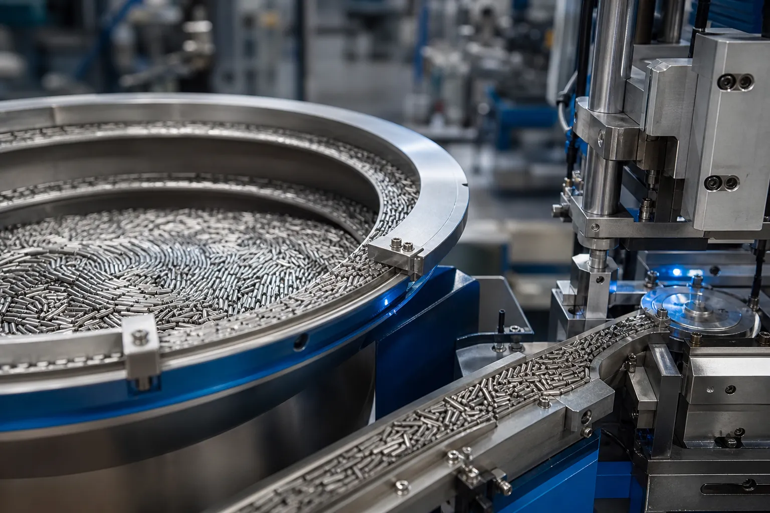 Needle Roller Straightening Solution Thousands of small needle rollers flowing along a vibratory bowl feeder track into an automated measuring station in a bearing factory