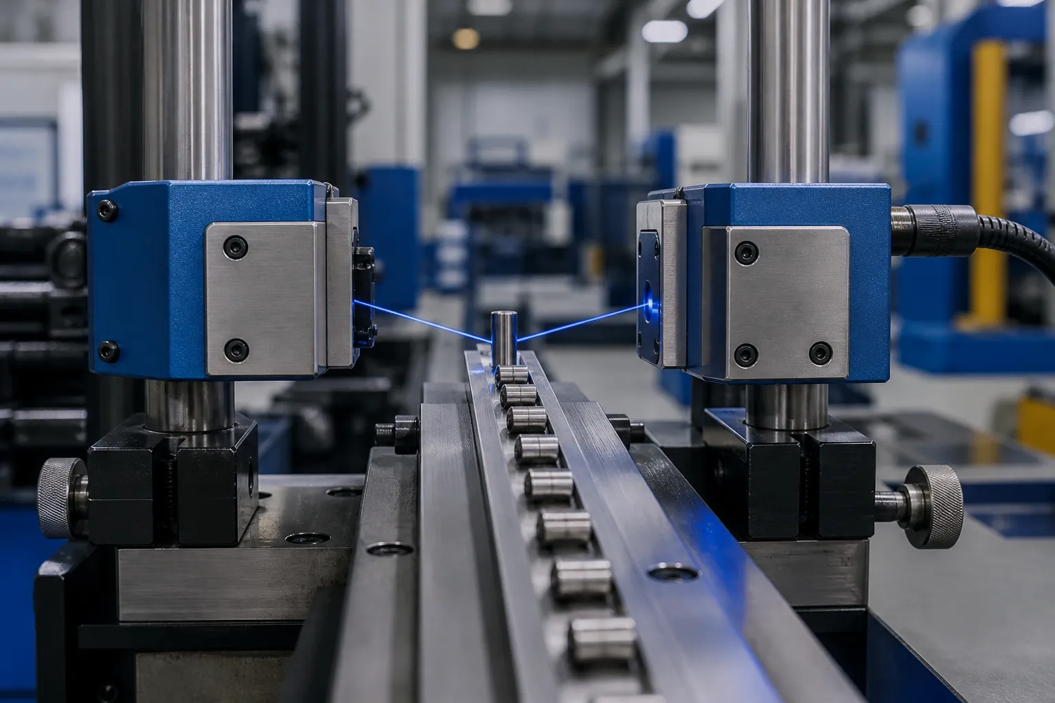 Needle Roller Straightening Solution Laser micrometer measuring station checking tiny steel needle rollers one by one as they pass on a channel, blue laser light beams visible