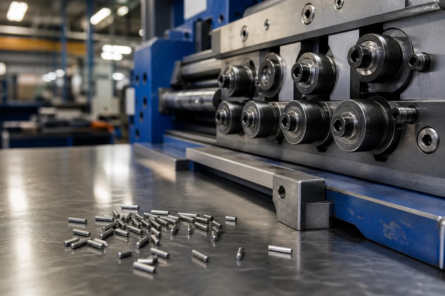 Needle Roller Straightening Solution Tiny needle rollers, slender steel cylindrical rollers a few millimeters in diameter, on a polished steel surface next to a roller straightening machine